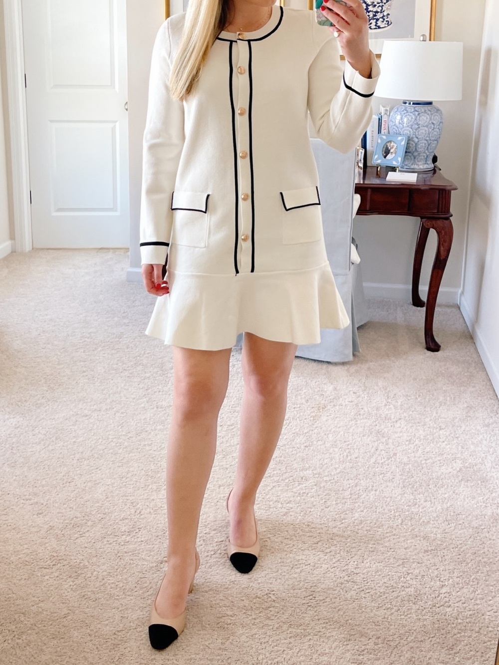 Anthropologie - Endless Rose - white black trim knit sweater ruffle mini dress - Picture 5 of 14